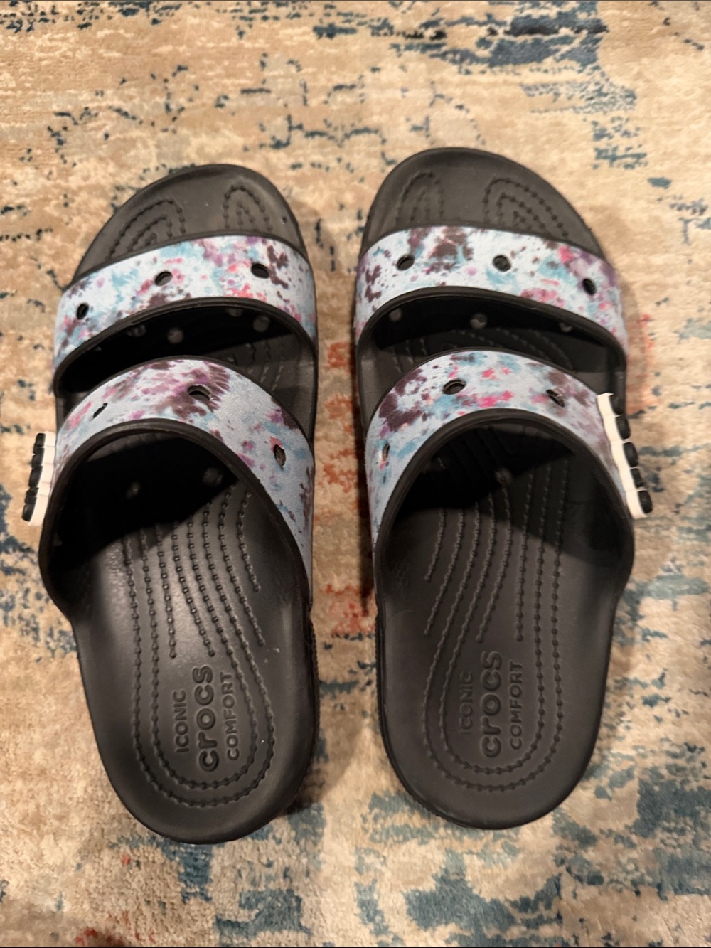CROCS Women’s Dual-Strap Slide Sandals in Black with Multicolor Tie-Dye Straps 7